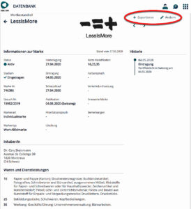 CH-trademark "LessIsMore" (#746386) in Swiss Trademark Database
